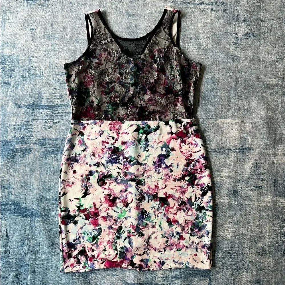 Metaphor Sleeveless Watercolor Abstract Floral Bodycon Dress w Lace Overlay XL